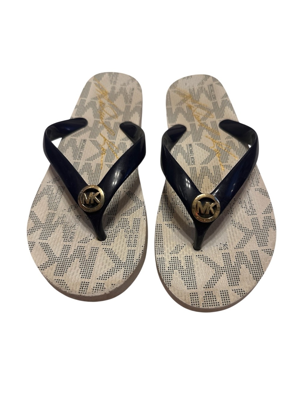 Michael Kors Black Strappy Flip Flops with Gold MK Medallions